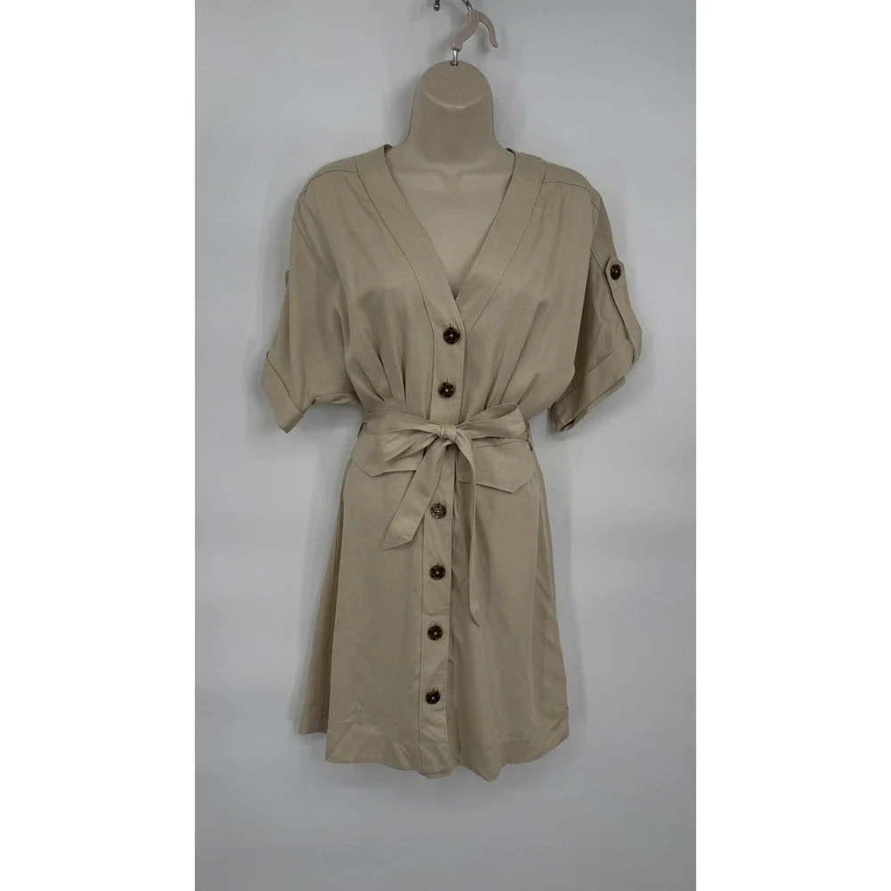 Scotch & Soda Utility Button Front Dress Womens S Khaki Tan Tencel Belt Pockets - Picture 2 of 13